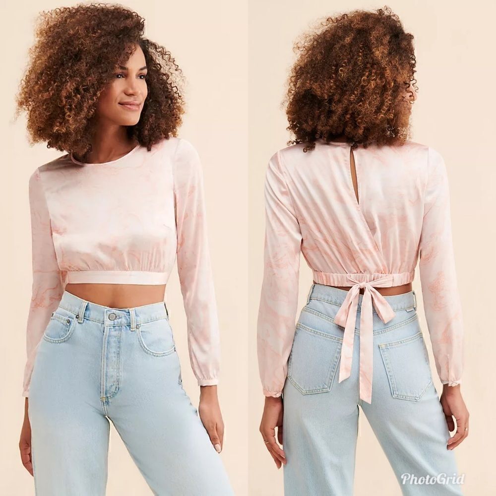 Revolve Anthropologie Hutch Cropped Marble Satin Cropped Blouse Crop Top